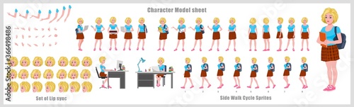 Blond Hair Girl Student Character Design Model Sheet with walk cycle animation. Girl Character design. Front, side, back view and explainer animation poses. Character set with lip sync 