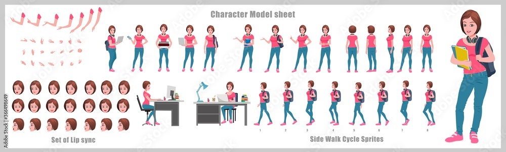 Girl Student Character Design Model Sheet with walk cycle animation. Girl Character design. Front, side, back view and explainer animation poses. Character set with various views and lip sync 