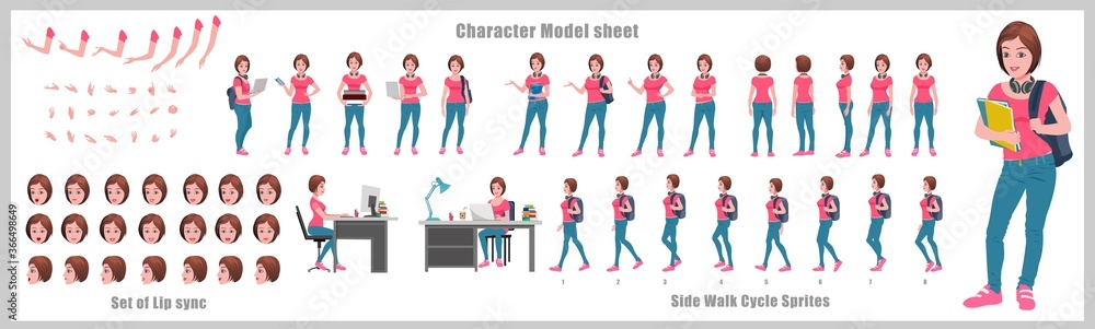 Girl Student Character Design Model Sheet with walk cycle animation. Girl Character design. Front, side, back view and explainer animation poses. Character set with various views and lip sync Girl Student Character Design Model Sheet with walk cycle animation. Girl Character design. Front, side, back view and explainer animation poses. Character set with various views and lip sync