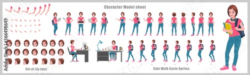 Girl Student Character Design Model Sheet with walk cycle animation. Girl Character design. Front, side, back view and explainer animation poses. Character set with various views and lip sync 