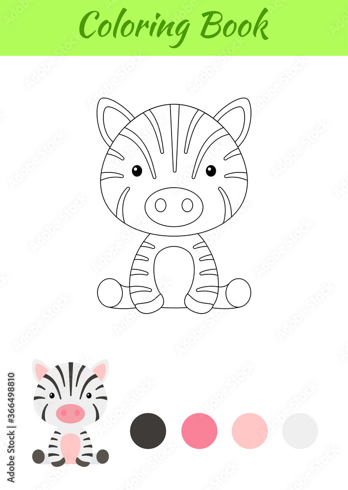 Coloring page little sitting baby zebra. Coloring book for kids. Educational activity for preschool years kids and toddlers with cute animal. Flat cartoon colorful vector stock illustration.