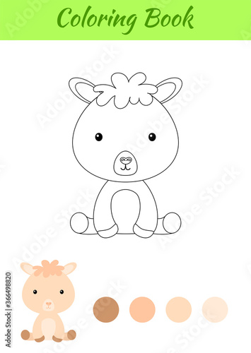 Coloring page little sitting baby alpaca. Coloring book for kids. Educational activity for preschool years kids and toddlers with cute animal. Flat cartoon colorful vector illustration.