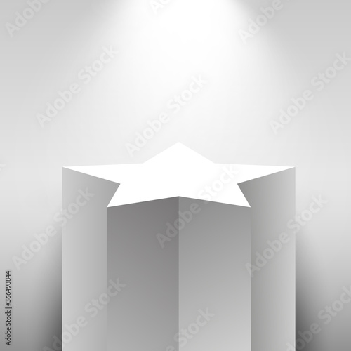 Realistic podium, 3d exhibit displays. Gallery geometric blank product stands. Spotlight illuminates pedestal. Stage backdrop
