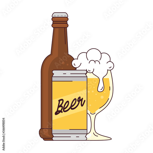 bottle with can and cup glass of beer on white background vector illustration design