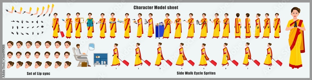 Indian Air hostess Character Design Model Sheet with walk cycle animation. Girl Character design. Front, side, back view and explainer animation poses. Character set with various views and lip sync 