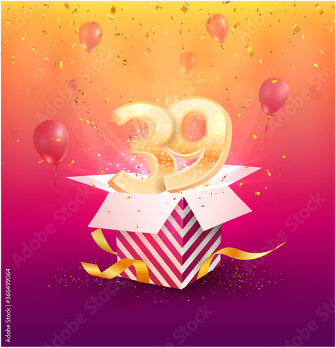 39 th years anniversary vector design element. Isolated thirty nine years jubilee with gift box, balloons and confetti on a bright background.  photo