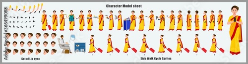 Indian Air hostess Character Design Model Sheet with walk cycle animation. Girl Character design. Front, side, back view and explainer animation poses. Character set with various views and lip sync 