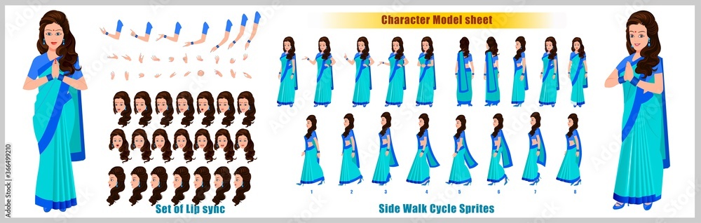 Indian Girl Character Design Model Sheet with walk cycle animation. Girl Character design. Front, side, back view and explainer animation poses. Character set with various views and lip sync Indian Girl Character Design Model Sheet with walk cycle animation. Girl Character design. Front, side, back view and explainer animation poses. Character set with various views and lip sync