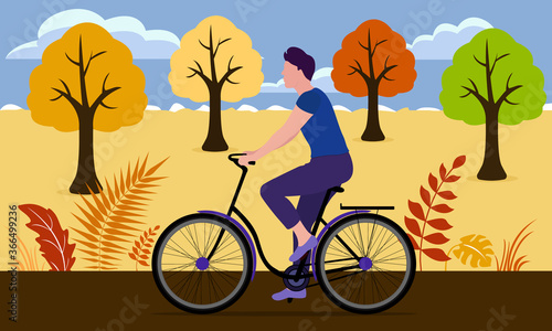 Man rides a bicycle in an autumn park. Sports and outdoor activities. Healthy lifestyle. Vector illustration