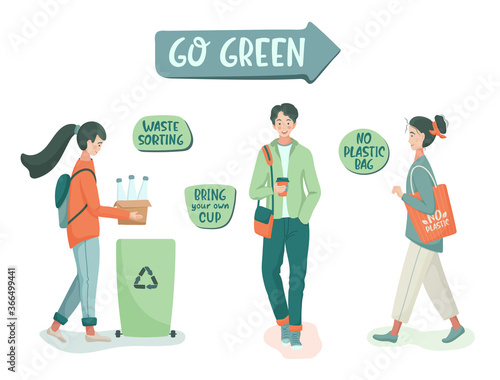 Eco vector illustration. Zero waste lifestyle. Go Green. People sorting waste and use eco bag and reusable cup. Eco-friendly character. Save the planet. No plastic. Zero waste. Flat isolated design