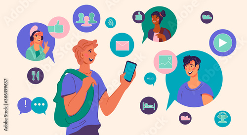 Couchsurfing and tourists feedback application banner with travelling man emailing with other people and getting recommendation about tourists places and hotels, flat vector illustration.