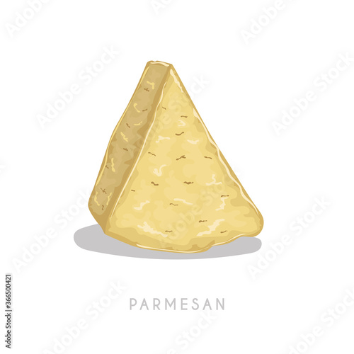 Piece of parmesan cheese. Hard granular aged cheese segment. Cartoon flat style. Vector illustration isolated on white background.