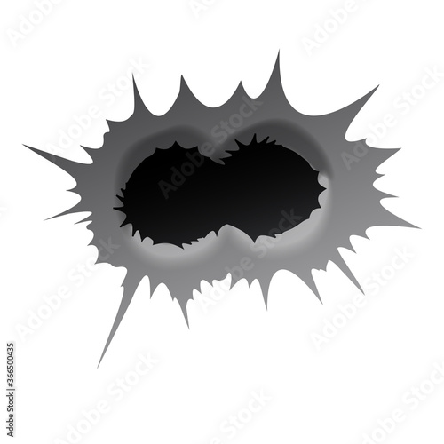 Bullet double hole on white background. Realisic metal bullet hole, damage effect. Vector illustration.