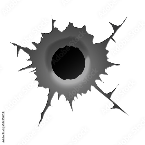 Bullet hole on white background. Realisic metal bullet hole, damage effect. Vector illustration.