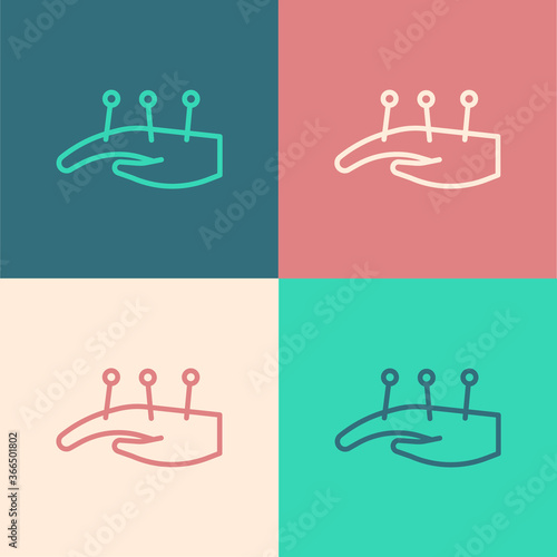 Pop art line Acupuncture therapy on the hand icon isolated on color background. Chinese medicine. Holistic pain management treatments. Vector.
