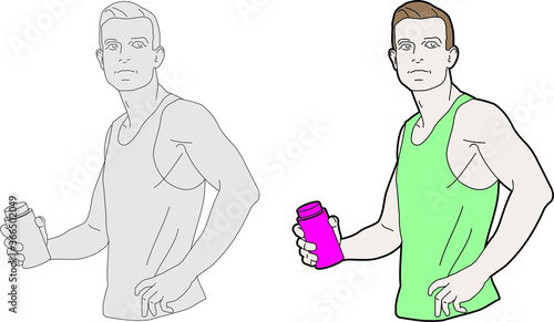 Vector drawing of a male long distance runner. Sportsman having a break after long run training, holding a bottle of drink.