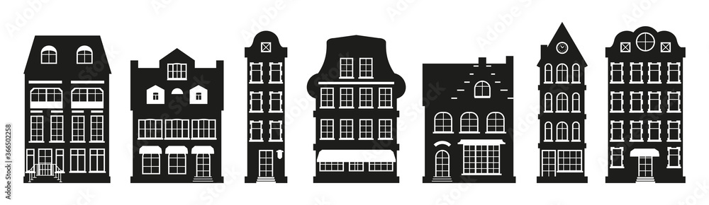 Glyph houses silhouette Amsterdam set. Graphic icon townhouse, european stayle. Black urban and suburban home cottage. Different architecture building tall town. Isolated on white vector illustration