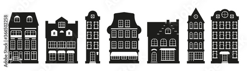 Glyph houses silhouette Amsterdam set. Graphic icon townhouse, european stayle. Black urban and suburban home cottage. Different architecture building tall town. Isolated on white vector illustration