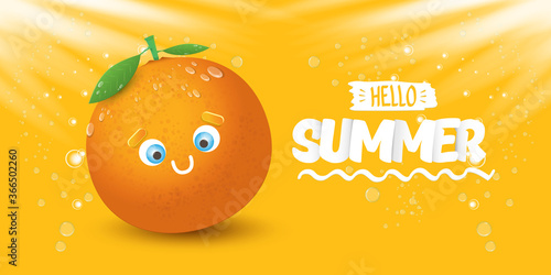 Vector Hello Summer horizontal banner or flyer Design template with fresh orange fruit isolated on orange background with lights. Hello summer concept label or poster with fruit and letternig text