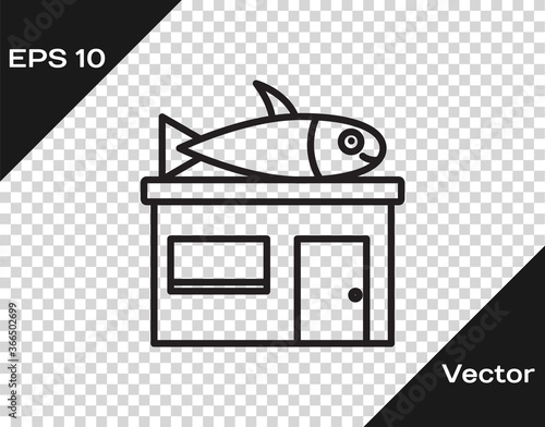 Black line Seafood store icon isolated on transparent background. Facade of seafood market. Vector..