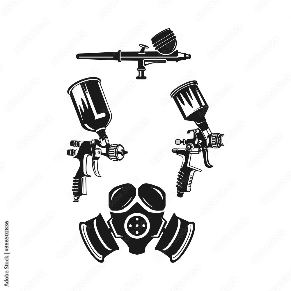 Monochrome illustration of metal spray gun and mask icon set. Isolated on white background.EPS 10 Monochrome illustration of metal spray gun and mask icon set. Isolated on white background.EPS 10