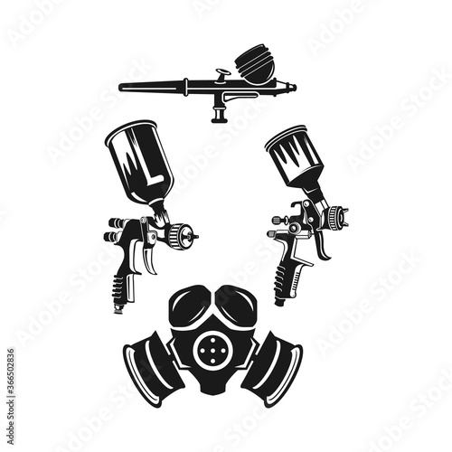 Monochrome illustration of metal spray gun and mask icon set. Isolated on white background.EPS 10