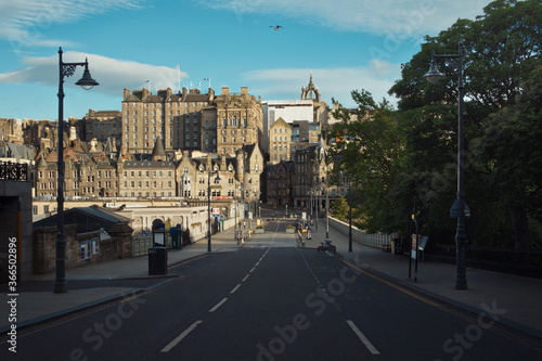 Summer view of Waverley Bridge and buildings of Edinburgh Old Town. Edinburgh Scotland UK. Now this road is closed. 20 JULY, 2020