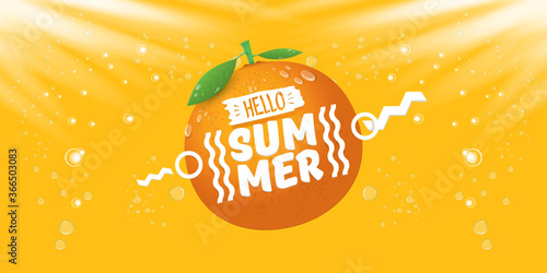 Vector Hello Summer horizontal banner or flyer Design template with fresh orange fruit isolated on orange background with lights. Hello summer concept label or poster with fruit and letternig text photo