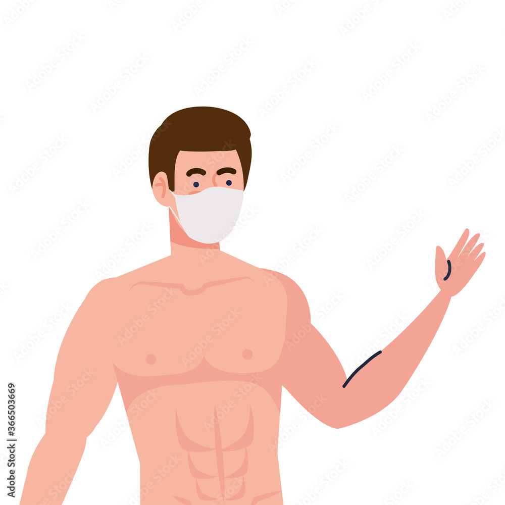 Fototapeta premium young man without shirt wearing medical mask on white background vector illustration design