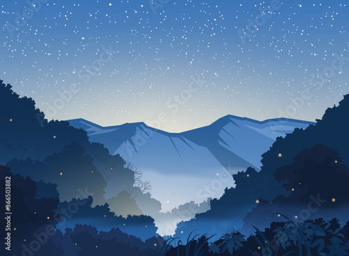 Snowy mountains landscape under the bright stars. Dark forest with glow worms.