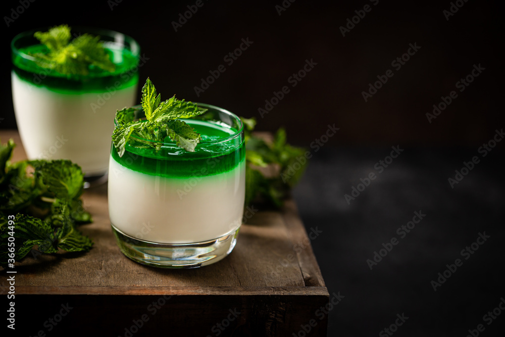 Dessert Panna Cotta with green mint sauce and fresh mint on dark background Dessert Panna Cotta with green mint sauce and fresh mint on dark background