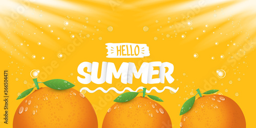 Vector Hello Summer horizontal banner or flyer Design template with fresh orange fruit isolated on orange background with lights. Hello summer concept label or poster with fruit and letternig text