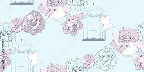 Vintage floral seamless pattern with cage, white birds and pink flowers on blue background. Soft colors. Pastel endless texture for your wedding or kids design, decor, wallpaper, wrapper or fabrics. 