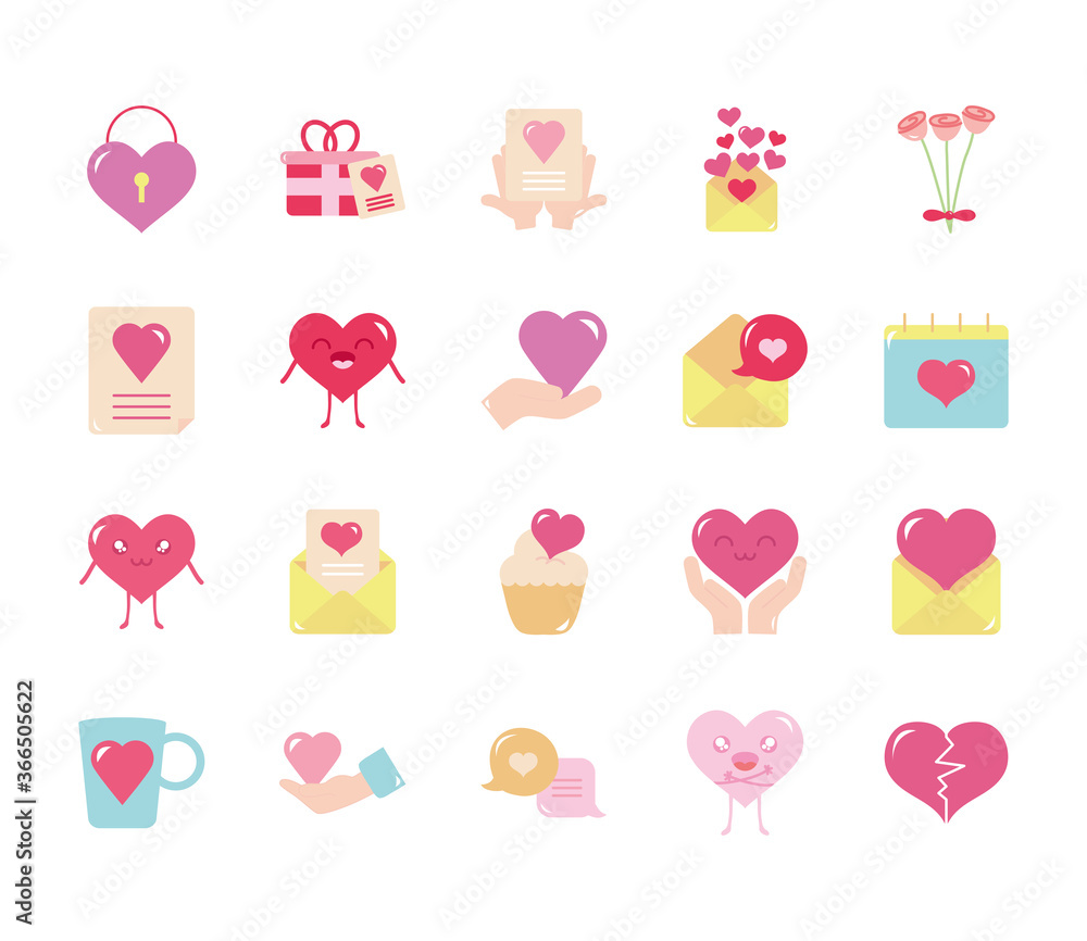 envelopes and love icon set, flat style envelopes and love icon set, flat style