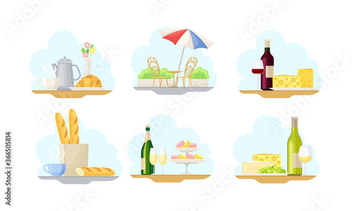Paris Street Views with Macaron and Baguette Vector Illustrations Set