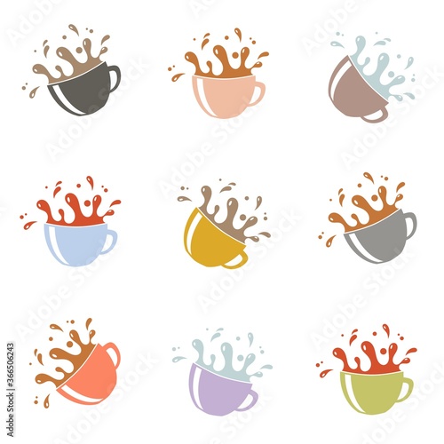 Seamless pattern made of pastel colored cups and beverage splashes
