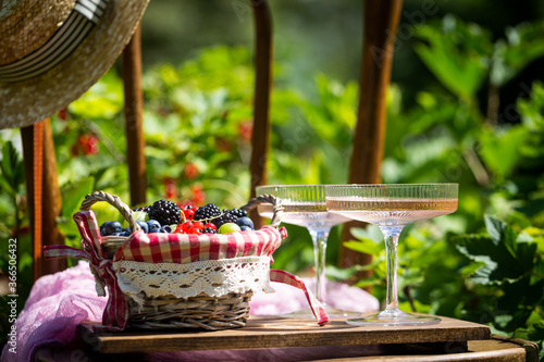 Outdoor summer lifestyle with a gourmet picnic laid out on a chair in a garden with berries, pie and pink drink in stylish glasses