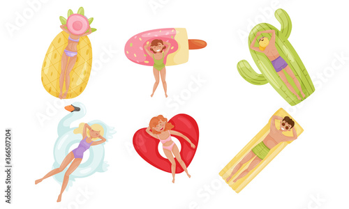 People Characters Floating on Inflatable Rafts or Rubber Swim Tubes of Different Shapes in Swimming Pool Vector Illustrations Set