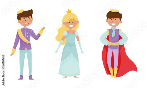 Funny Little Prince and Princess Wearing Crown and Dressy Look Garments Vector Illustrations Set