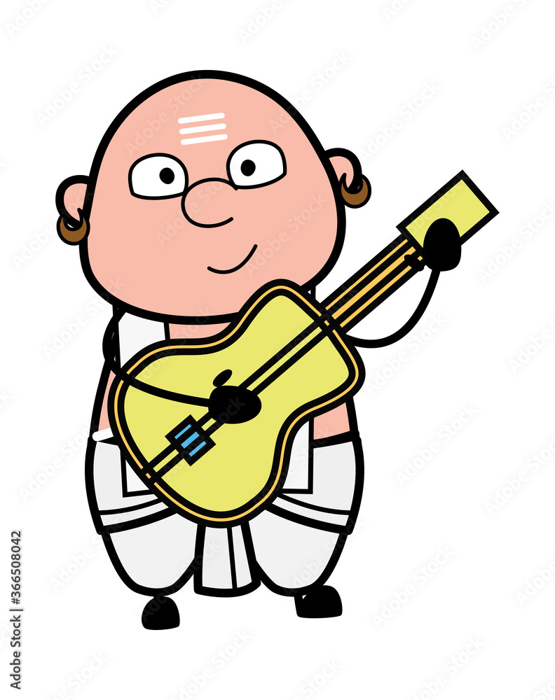Cartoon South Indian Pandit Playing Guitar