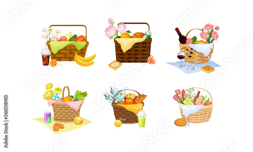 Wicker Picnic Baskets and Hampers Full with Foodstuff Vector Set