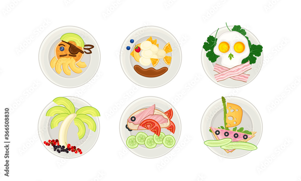 Food Arranged in the Shape of Pirate and Fish on Plate Above View Vector Illustration