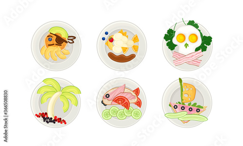 Food Arranged in the Shape of Pirate and Fish on Plate Above View Vector Illustration
