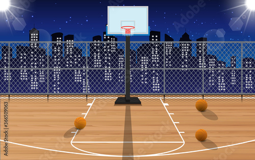 outdoor wooden basketball court on the high building in city in the night