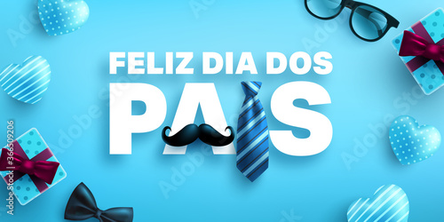 Feliz dia dos pais.Happy Father's Day in portuguese language with necktie and gift box on blue background.Greetings and presents for Father's Day.Vector illustration eps 10.