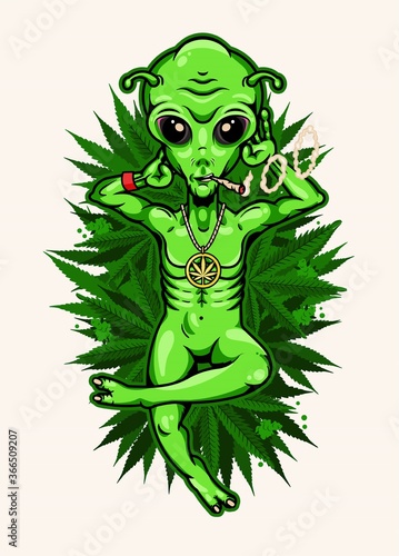 Alien with Jamb Chilling on the Cannabis Field. Alien Smoking Weed Poster. Vector Illustration.