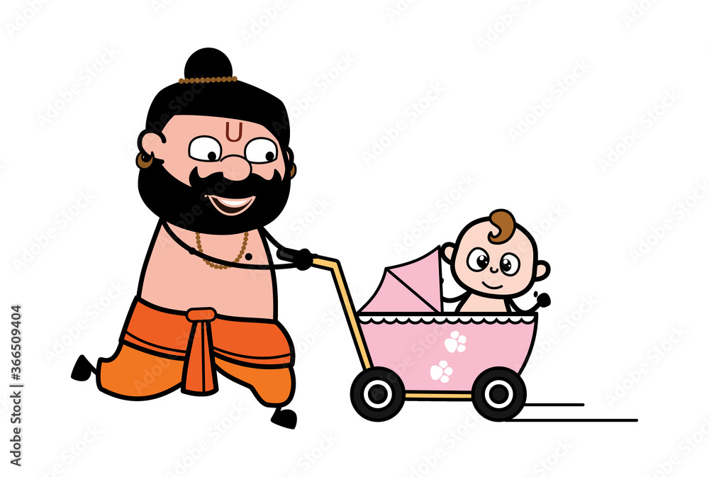 Cartoon Pandit with baby stroller