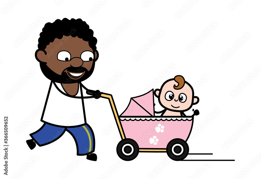 Cartoon African American Man with baby stroller Cartoon African American Man with baby stroller