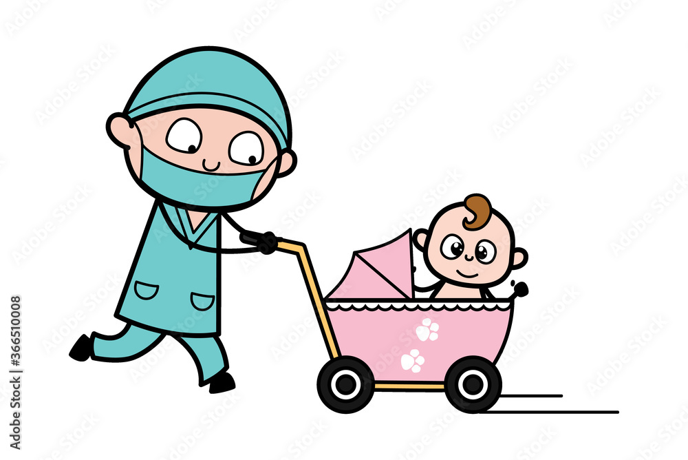 Cartoon Surgeon with baby stroller Cartoon Surgeon with baby stroller