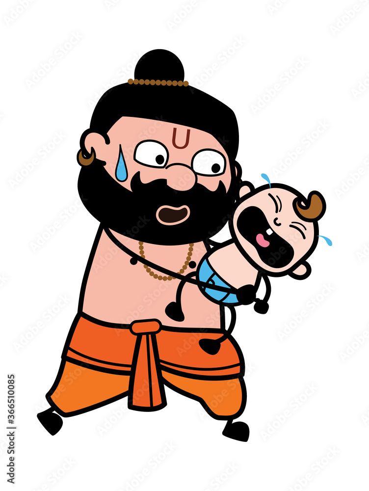 Cartoon Pandit holding crying baby